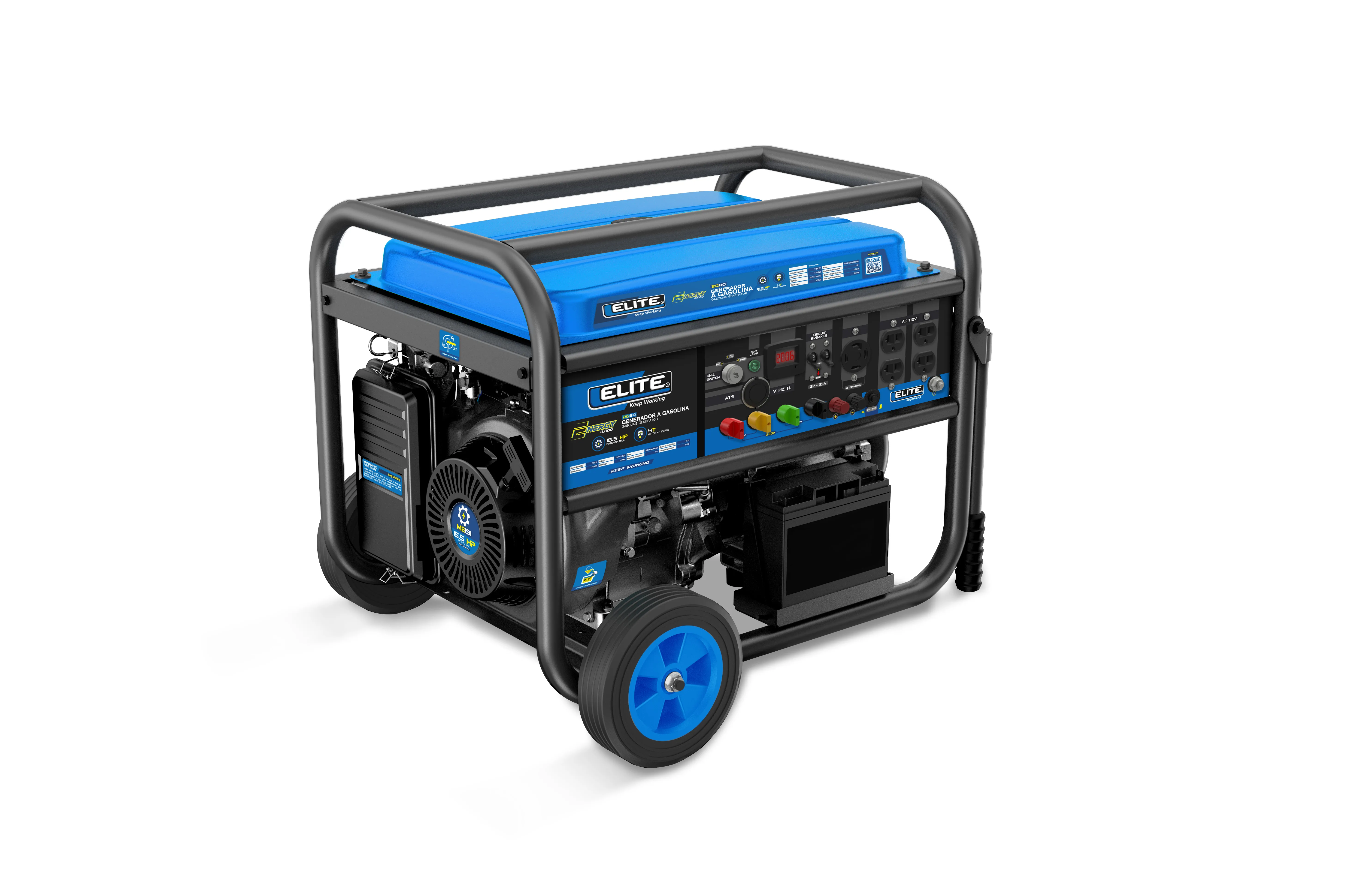 Generador Portatil a Gasolina, Potencia Maxima 7,5kW, 4 Tiempos, Capacidad del Tanque de 25L, Arranque Manual y Electrico.